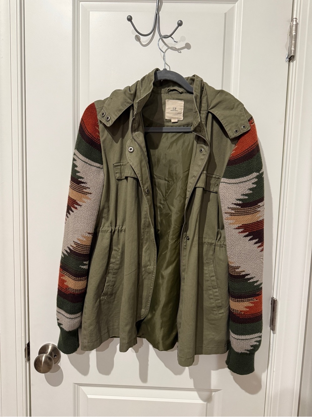 Thread & Supply Olive Green Field Jacket with Patterned Knit Sleeves